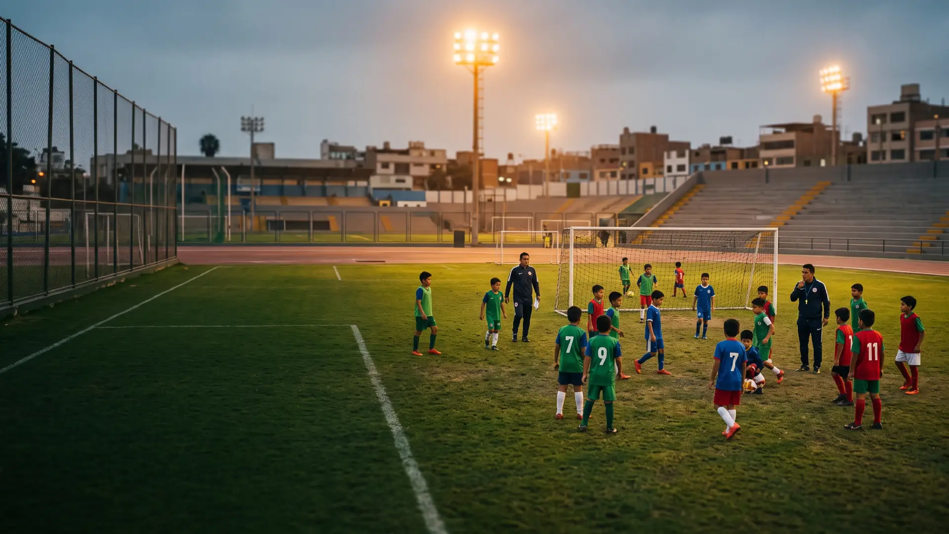 Campo de fútbol iluminado al anochecer, listo para el entrenamiento